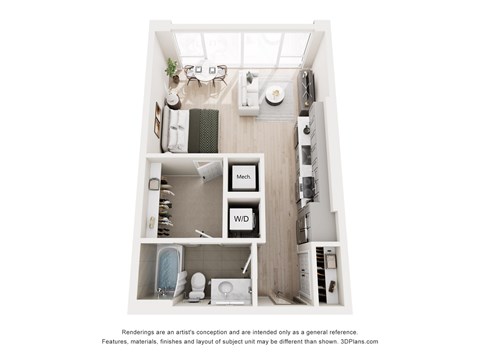 A 3D floor plan of a small apartment with a kitchen, living room, and bathroom.